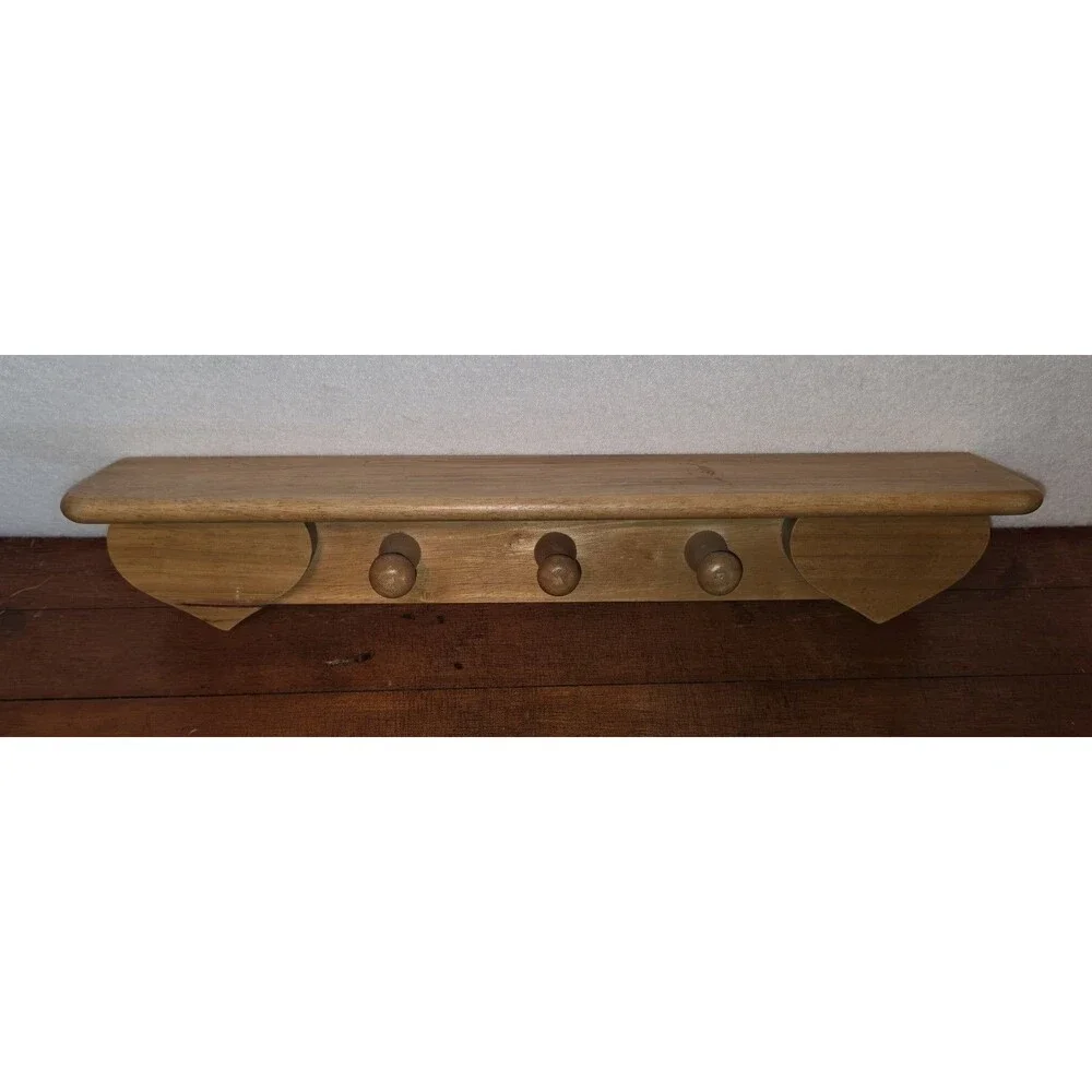 VTG Wooden Hearts Wall Shelf 3 Pegs Solid Oak Grandmacore 18 X 3.5 X 3.5